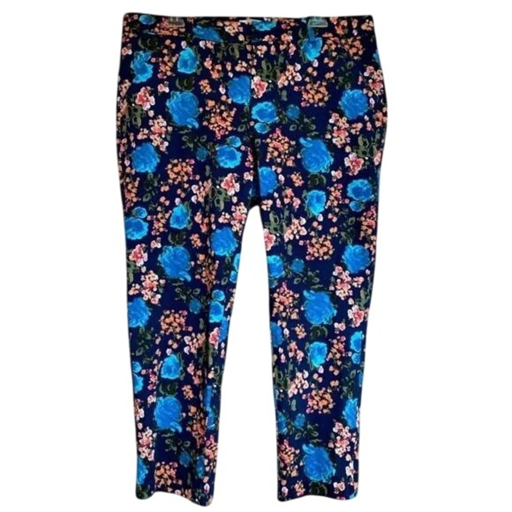 Floral Print Cropped Pants Blue Pink Peach Botanical‎ Casual Trousers size 14